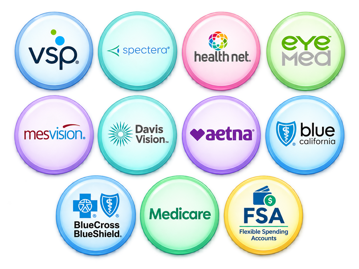 Aseguradoras aceptadas: VSP, Spectera, Health Net, EyeMed, MES Vision, Davis Vision, Aetna, Blue Shield of California, Blue Cross Blue Shield, Medicare y FSA